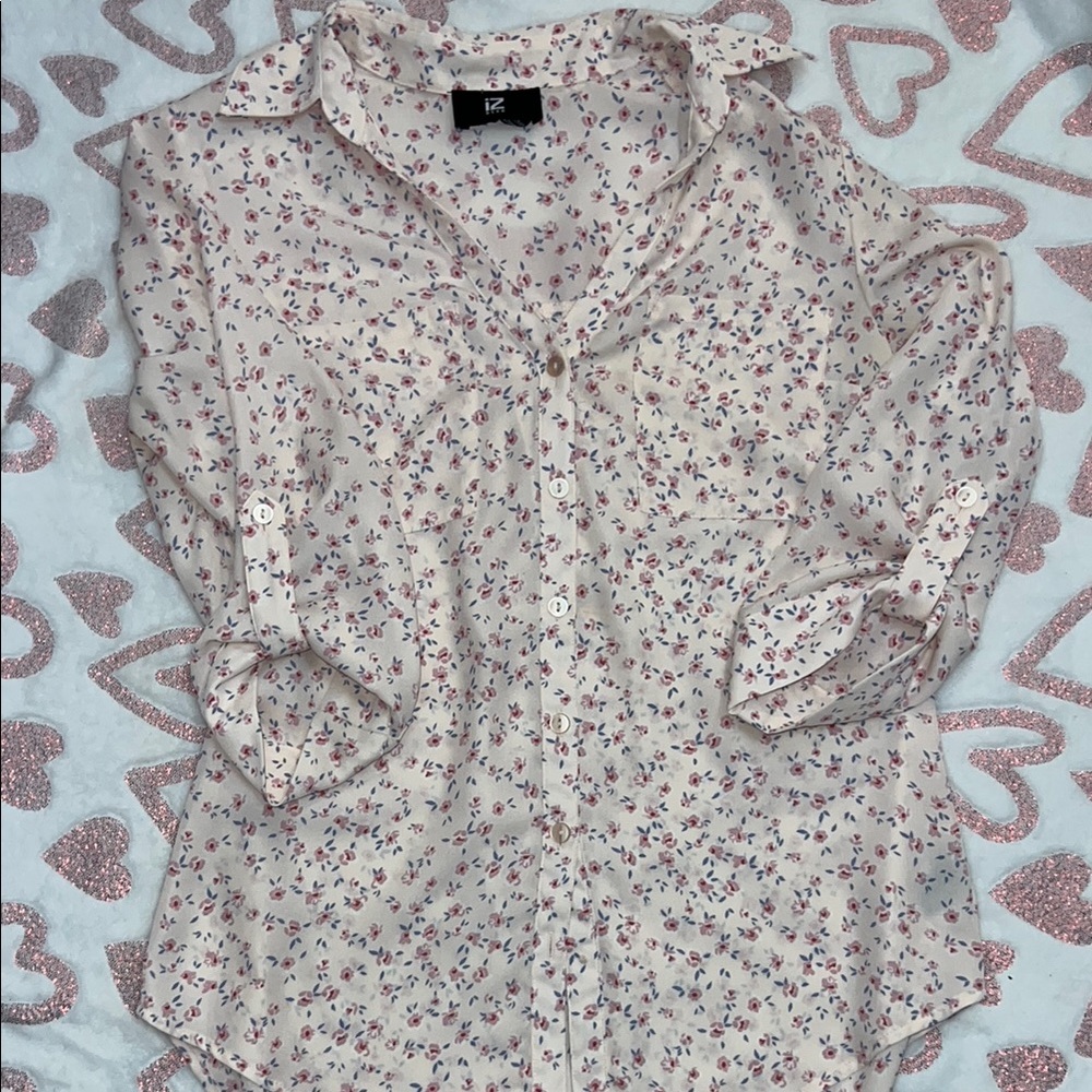 Cream 3/4 Sleeve Button Down Shirt with Notched Collar